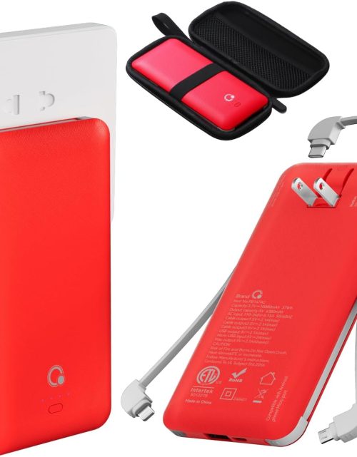 10000mAh Portable Charger, Slim USB B C Power Bank,4 Output External Battery Pack with Built-in AC Wall Plug Micro and USB C Three Cables Compatible with All mobilephone