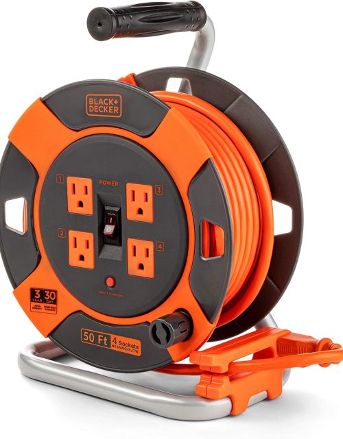 BLACK+DECKER 50 Ft. Retractable Extension Cord Reel With 4 Outlets, Multi-Plug Extension, Easy Handle Rewind & Heavy-Duty 14AWG SJTW Cable