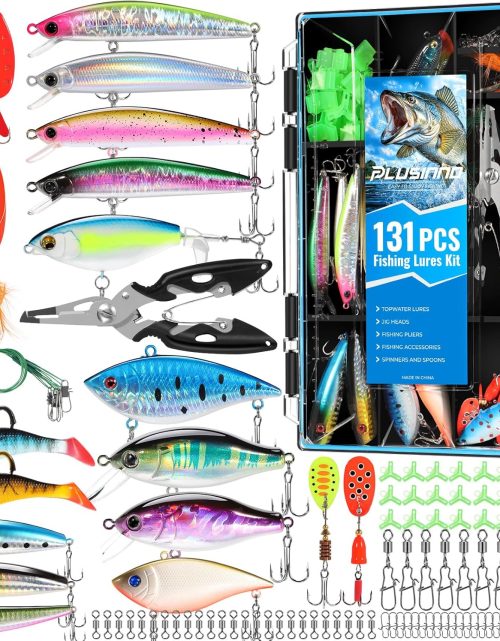 PLUSINNO Fishing Lures Fishing Tackle Box Fishing Gifts for Men, Bass, Trout Fishing Accessories Kit for Saltwater & Freshwater Fishing Gear Including Topwater Lures, Hooks, Spinnerbaits